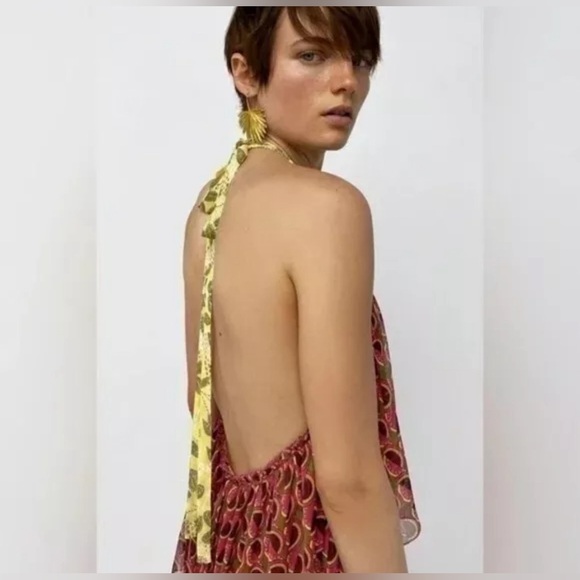 NWT ZARA Halter Neck Multicolored Printed Top Metallic Layer 7720/025 Size XL - Picture 3 of 14